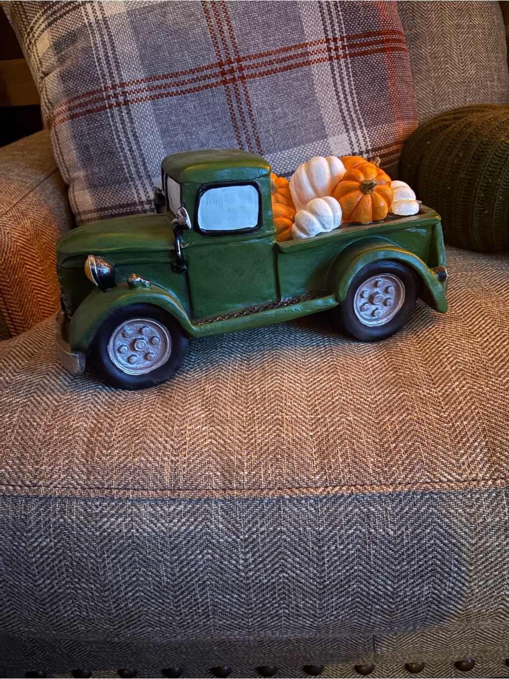 Green Vintage Truck with Pumpkins Home Accent